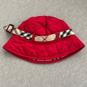 Burberry Kids Red Quilted Hat with Checkered Strap